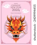 An illustration of Chinese Dragon head. Chinese New Year 2024 the dragon zodiac sign and Chinese New Year 2024, Chinese translation mean Happy New Year and symbol of the Dragon