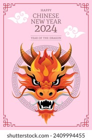 Ilustración de la cabeza del dragón chino. Año Nuevo Chino 2024 el signo del dragón zodiaco y Año Nuevo Chino 2024, traducción china significa Feliz Año Nuevo y símbolo del dragón