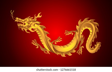 Illustration of Chinese dragon. Mascot or tattoo. Traditional China symbol. Asian mythological golden animal.