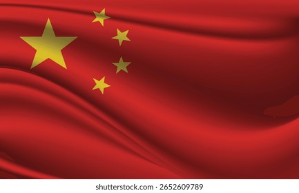 Illustration of the Chinese flag, featuring stylized horizontal stripes with five yellow stars on a red background. The flag flutters in a wavy pattern. Suitable for educational materials and themed d