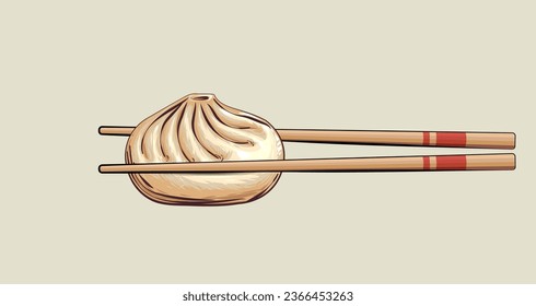 illustration Chinese food Momo Vector. Chinese Food Momo with chopsticks on isolated background.