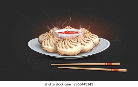 illustration Chinese food Momos Vector. Momos with sauce in plate . Hand drawn Chinese Food with chopsticks on dark background