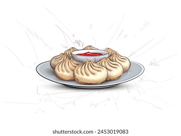 illustration Chinese food Momos Vector. Momos with sauce in plate . Hand drawn Chinese Food  on isolated background.