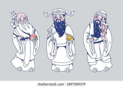 illustration of Chinese God - Fu lu Shou (Sanxing). the gods of the three stars. Chinese astrology and mythology. flat vector illustration. 2d cartoon