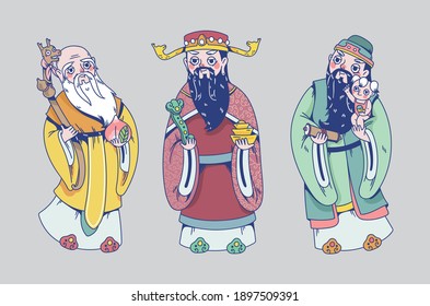 illustration of Chinese God - Fu lu Shou (Sanxing). the gods of the three stars. Chinese astrology and mythology. flat vector illustration. 2d cartoon