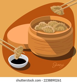 Illustration of Chinese Jiaozi dumplings and bamboo steamer. Chopsticks hold dumplings and dip in soy sauce. Orange background. Suitable for printing on textiles and paper Kitchen illustration