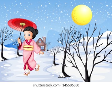 Illustration of a Chinese lady walking under the snow