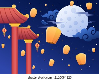 Ilustración del Festival de Linternas Chinas con Linterna volando en el cielo nocturno con el edificio de la Puerta China. Se puede usar para tarjetas de felicitación, postales, invitaciones, afiches, banner, web, animación.