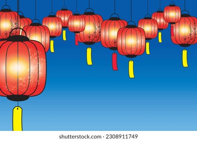 Illustration, Chinese lantern on blue gradient background.