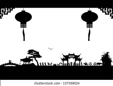 Illustration of Chinese lifestyle in China silhouette, vector