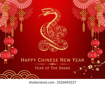 Illustration chinese lunar newyear 2025, the snake zodiac representative the snake year for 2025 with red background and gold decorative