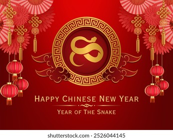 Illustration chinese lunar newyear 2025, the snake zodiac representative the snake year for 2025 with red background and gold decorative