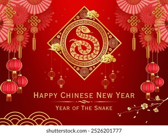 Illustration chinese lunar newyear 2025, the snake zodiac representative the snake year for 2025 with red background and gold decorative