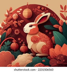 illustration of Chinese new year 2023 year of the rabbit - Chinese zodiac symbol, Lunar new year concept, colorful modern background design paper cut style on color Background