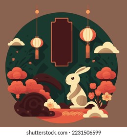 illustration of Chinese new year 2023 year of the rabbit - Chinese zodiac symbol, Lunar new year concept, colorful modern background design paper cut style on color Background