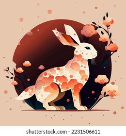 illustration of Chinese new year 2023 year of the rabbit - Chinese zodiac symbol, Lunar new year concept, colorful modern background design paper cut style on color Background