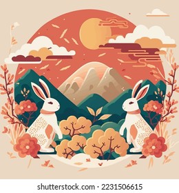 illustration of Chinese new year 2023 year of the rabbit - Chinese zodiac symbol, Lunar new year concept, colorful modern background design paper cut style on color Background