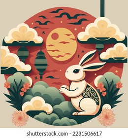 illustration of Chinese new year 2023 year of the rabbit - Chinese zodiac symbol, Lunar new year concept, colorful modern background design paper cut style on color Background