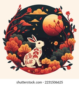 illustration of Chinese new year 2023 year of the rabbit - Chinese zodiac symbol, Lunar new year concept, colorful modern background design paper cut style on color Background