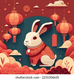 illustration of Chinese new year 2023 year of the rabbit - Chinese zodiac symbol, Lunar new year concept, colorful modern background design paper cut style on color Background