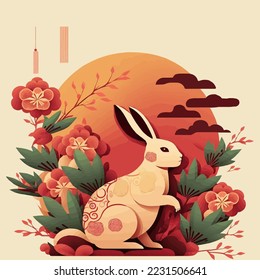 illustration of Chinese new year 2023 year of the rabbit - Chinese zodiac symbol, Lunar new year concept, colorful modern background design paper cut style on color Background