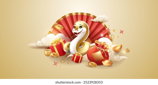 Illustration for the Chinese New Year 2025, cheerful snake , fan, coins, gifts, clouds on a light background, isolated vector. The golden snake brings good news. a small emblem.