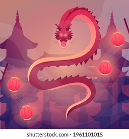 Illustration of Chinese New Year and celebration of cap go meh with a dragon at a temple