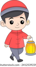 illustration of Chinese New Year celebration, boy walking carrying a lantern in traditional clothes, cartoon flat illustration