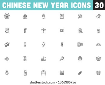 Illustration of Chinese New Year Icon Set in Black Outline.