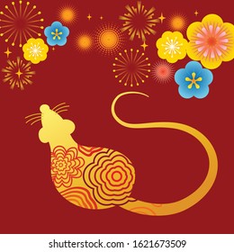 Illustration for Chinese New Year, year of the Rat. Golden rat on red background, firely flower blossum