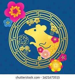Illustration for Chinese New Year, year of the Rat. Golden rat in golden circle and cherry blossum on blue background