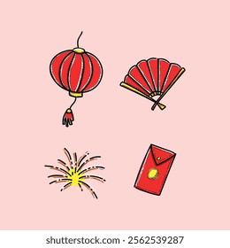 Illustration of Chinese New Year symbols including a lantern, folding fan, firework, and red envelope associated with celebration and cultural festivities.