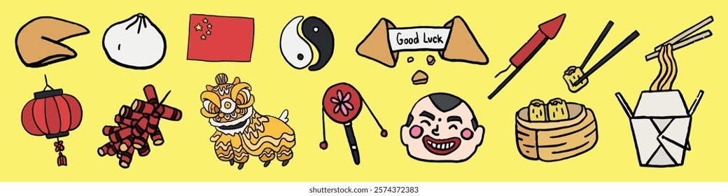 Illustration of Chinese New Year symbols: fortune cookie, dumpling, lantern, dragon, firecracker, chopsticks, dim sum, and takeout box. Hand drawn Chinese New Year illustrations, vector set.