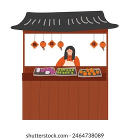 Illustration of Chinese paifang, hanging lanterns and food counter. Elements of New Year fair, vector illustration, hand drawn, isolated on white background. Chinese New Year and Spring Festival.