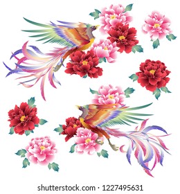 Illustration of a Chinese phoenix and the peony,