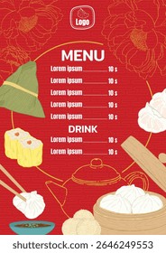 Illustration of a Chinese restaurant menu template featuring traditional dim sum items such as dumplings, shumai, and sticky rice wrapped in lotus leaf on red background with peony flower outlines