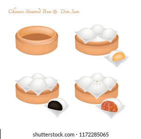 Illustration of Chinese Steamed Bun Stuffed With Sweet Black Bean, Custard Cream and Barbecued Minced Pork in Basket or Bamboo Steamer.