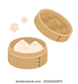 Illustration of Chinese steamed buns in a bamboo steamer