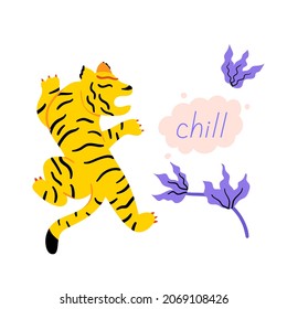 Illustration with chinese tiger and lettering chill. Hand drawn vector art. Abstract tropical leaves