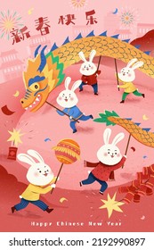 Illustration of Chinese zodiac animal rabbits in traditional costumes doing dragon dance for Spring Festival on red background. Translation: happy new year