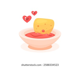 illustration of a chip dipped in a bowl of tomato sauce. national chips and dip day. potato or corn chips with chili sauce. love food and snacks. flat style design. elements