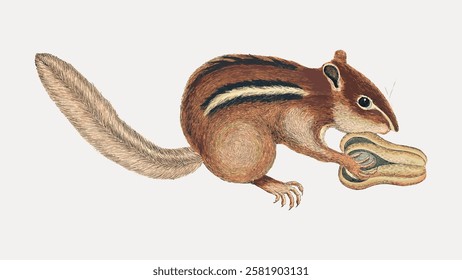 Illustration of a chipmunk holding a peanut. The chipmunk's detailed fur and stripes are visible. The chipmunk is depicted in a realistic style. Vintage animal illustration isolated on white, vector.