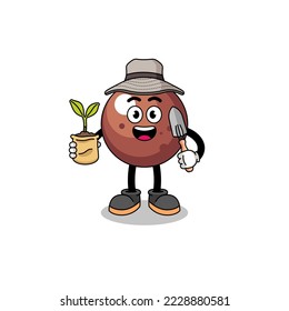 Illustration of chocolate ball cartoon holding a plant seed , character design