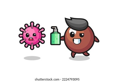 illustration of chocolate ball character chasing evil virus with hand sanitizer , cute style design for t shirt, sticker, logo element