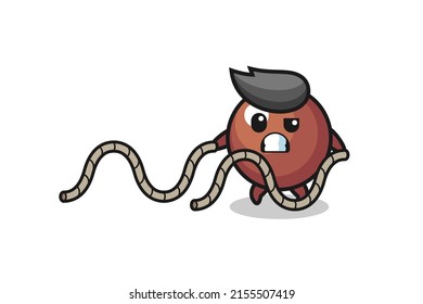 illustration of chocolate ball doing battle rope workout , cute design