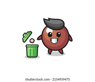 illustration of the chocolate ball throwing garbage in the trash can , cute design