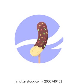 illustration of a chocolate banana. banana wrapped or covered with chocolate liquid and colorful meises. food and fruit. flat cartoon style. vector design