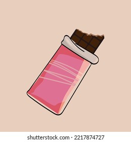 Illustration of a chocolate bar in cartoon style. Bitter chocolate. A half-bitten chocolate bar in an open pink package. vector illustration for decorating empty packages or other food design elements