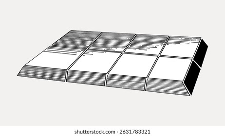 Illustration of a chocolate bar with multiple segments. The chocolate bar is depicted in a simple, monochrome style, highlighting its segmented design. Vintage art illustration vector.