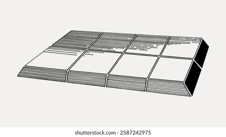 Illustration of a chocolate bar with segmented squares. Chocolate bar design in black and white. Simple chocolate bar drawing with clear segments. Vintage art illustration, vector.